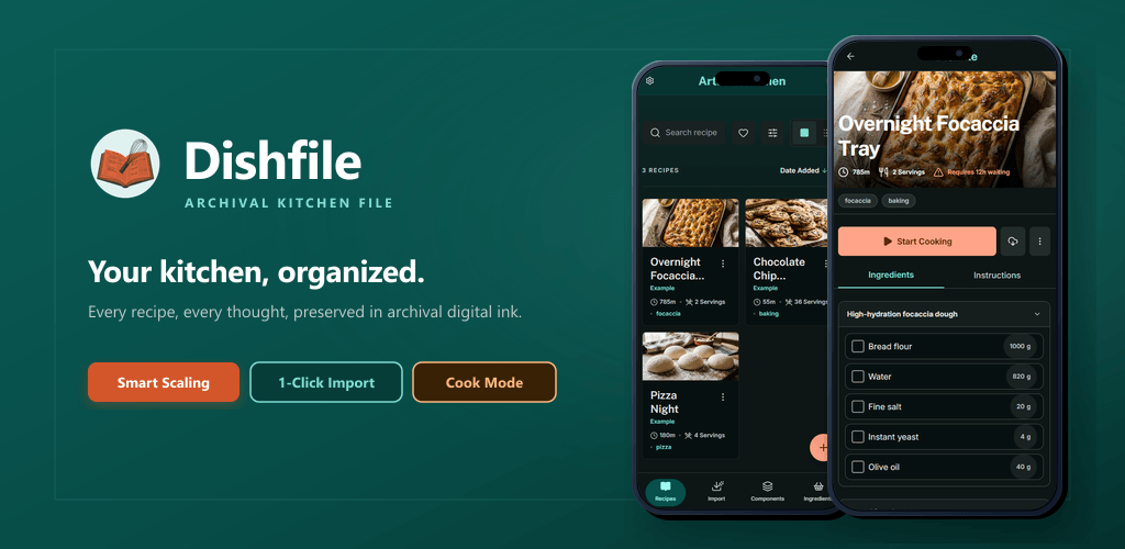 Dishfile product screens showing recipes, ingredient tracking, and business costing