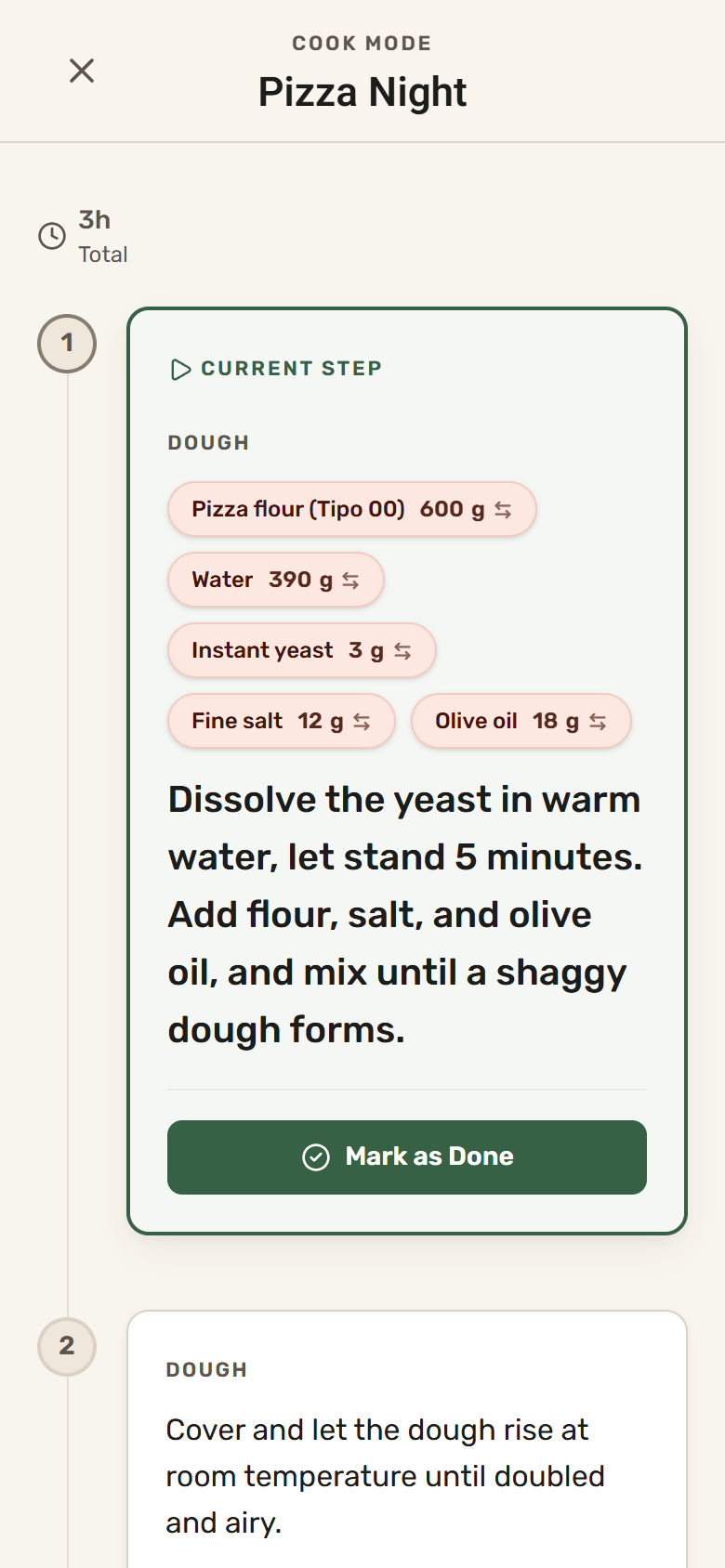 Dishfile cook mode showing the current step with its linked ingredients