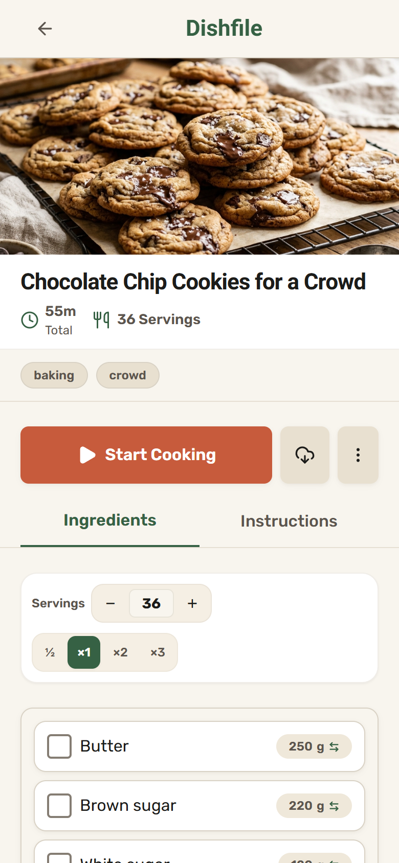 Dishfile recipe screen showing total time, servings, scaling controls and ingredients